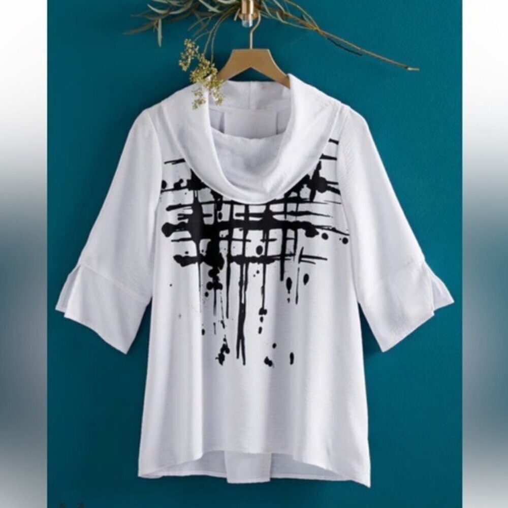 Alfred Dunner Miles Airflow Crinkle Tunic Black Abstract Print Size Large